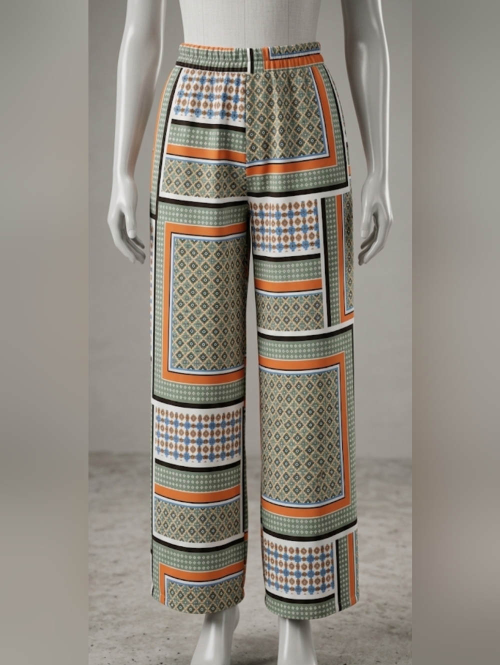 Geometric Print Elastic Waist Pants - Orange, Green, Black, White